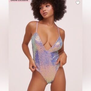 For Love and Lemons Anthropologie Opal Iridescent Plunge Sequin Bodysuit XS